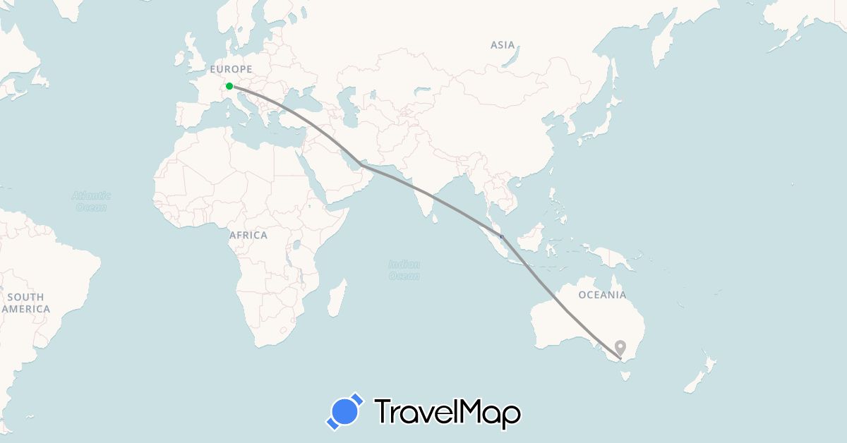 TravelMap itinerary: driving, bus, plane in United Arab Emirates, Australia, Switzerland, Liechtenstein, Singapore (Asia, Europe, Oceania)